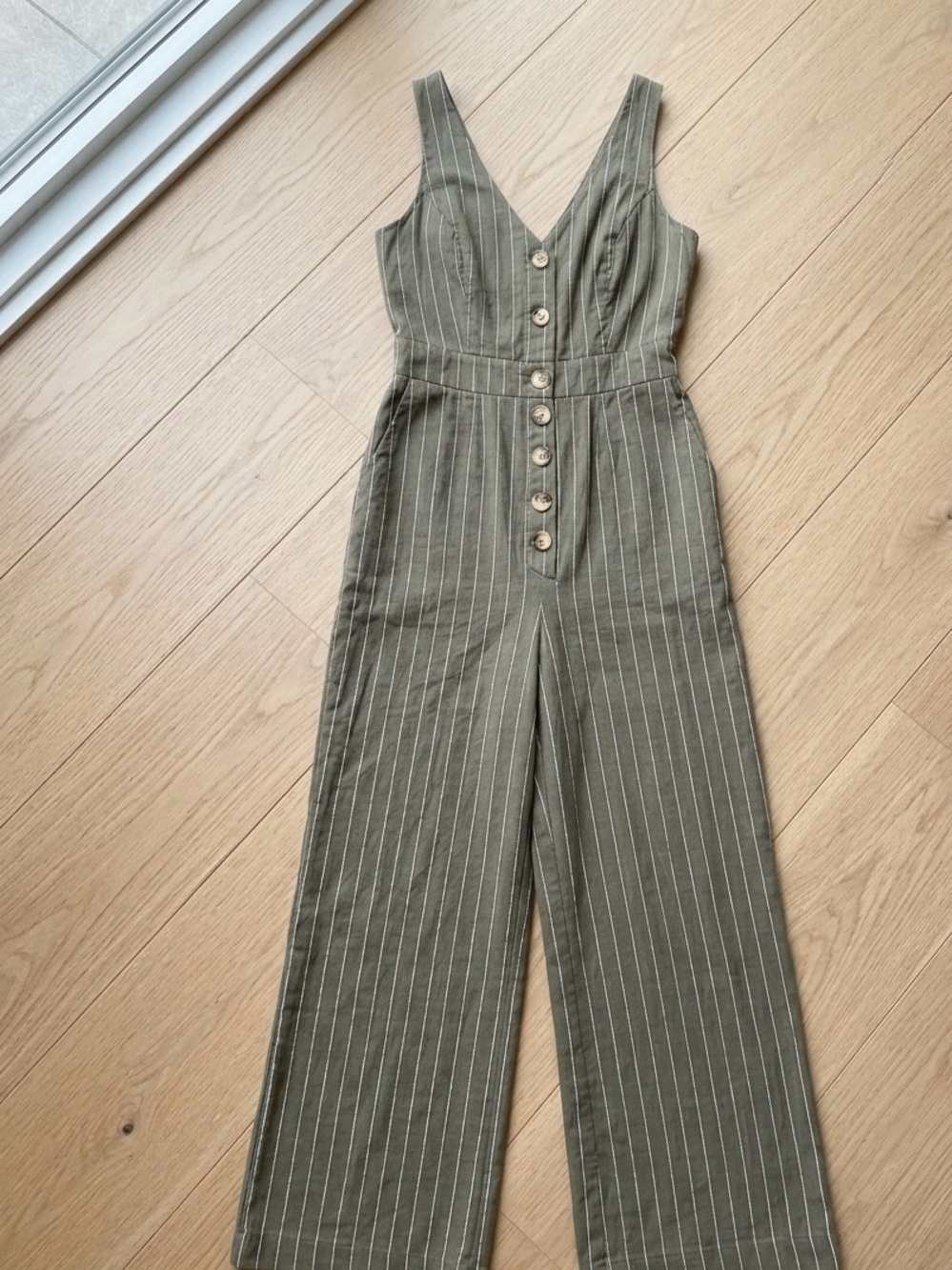 Lulus Olive Pinstripe Wide Leg Jumpsuit - Size S - Dark Academia